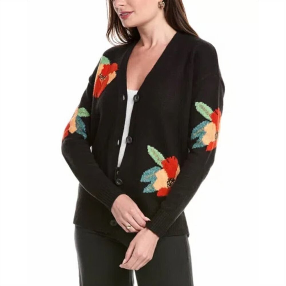 CAbi Coming Up roses cardigan sweater black intarsia floral v-neck button new XS